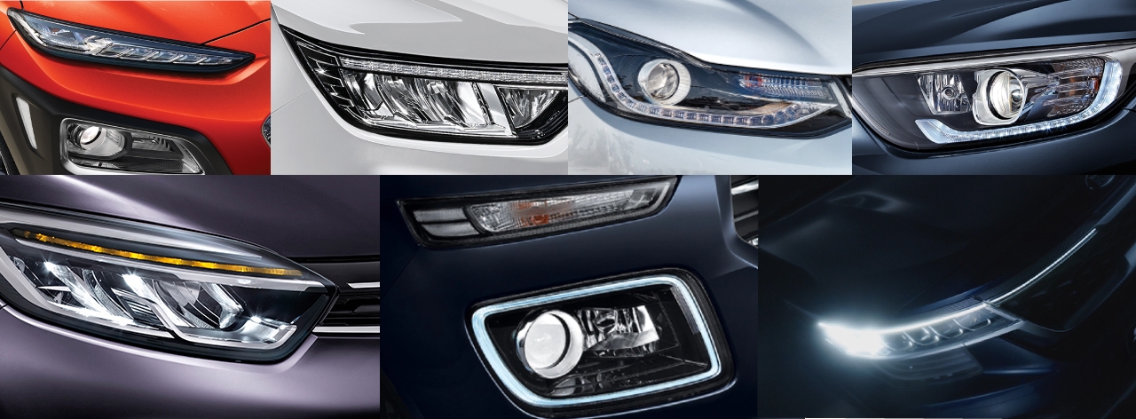 (왼쪽 상단부터) 코나, 티볼리, 트랙스, 스토닉, QM3, 베뉴, 셀토스 헤드램프