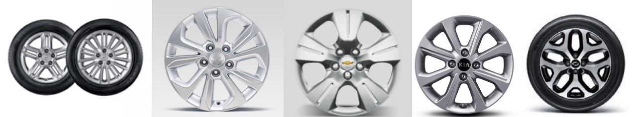 (왼쪽부터) 코나, 티볼리, 트랙스, 스토닉, QM3 기본 휠 (베뉴, 셀토스 기본 휠 디자인 미공개)
