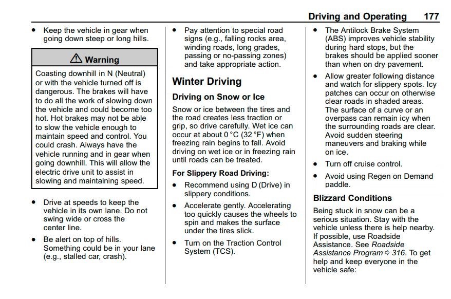 볼트 EV의 미국 매뉴얼. 미끄러운 도로에서는 리젠 온 디맨드 기능을 사용하지 말라고 명시되어있다.