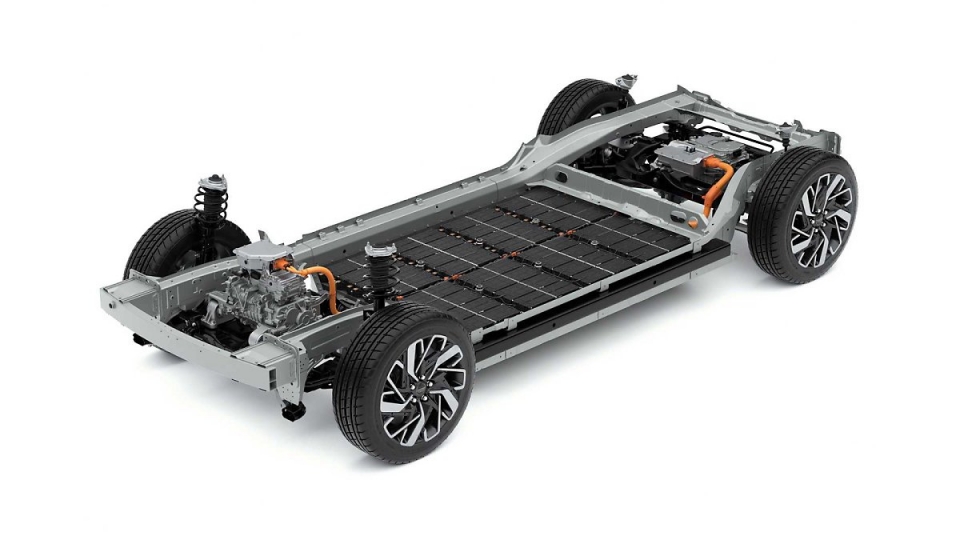 현대차그룹 전기차전용 플랫폼 'E-GMP'. 차량 하부를 리튬이온 배터리가 가득 채우고 있다. 