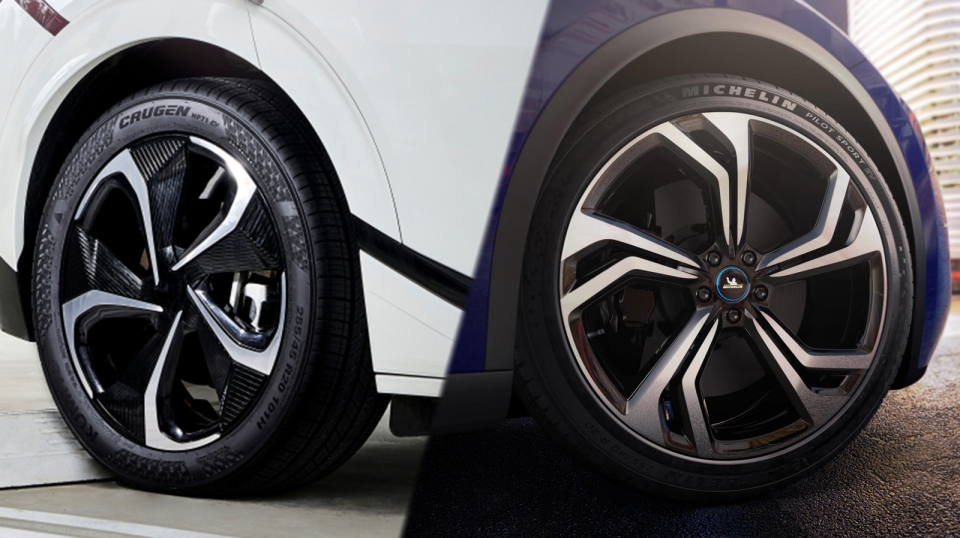 금호타이어 전기차 전용 타이어(좌측)와 미쉐린의 전기차 전용 타이어. 모두 미국에서 우수한 평가를 받았다.
